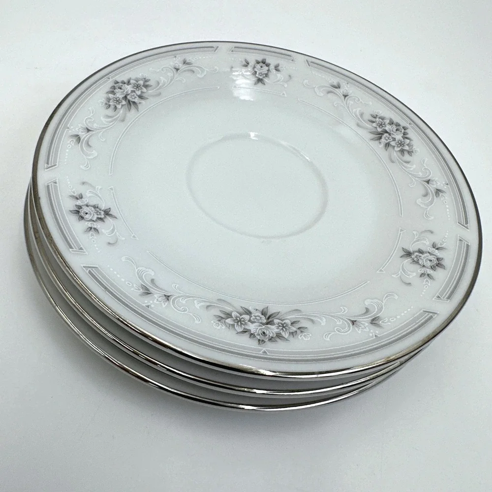 Nitto Cotillion S74 Saucers Set 3 White Grey Floral Platinum Trim Japan Vintage